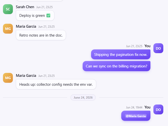 Team chat with messages, mentions and DMs