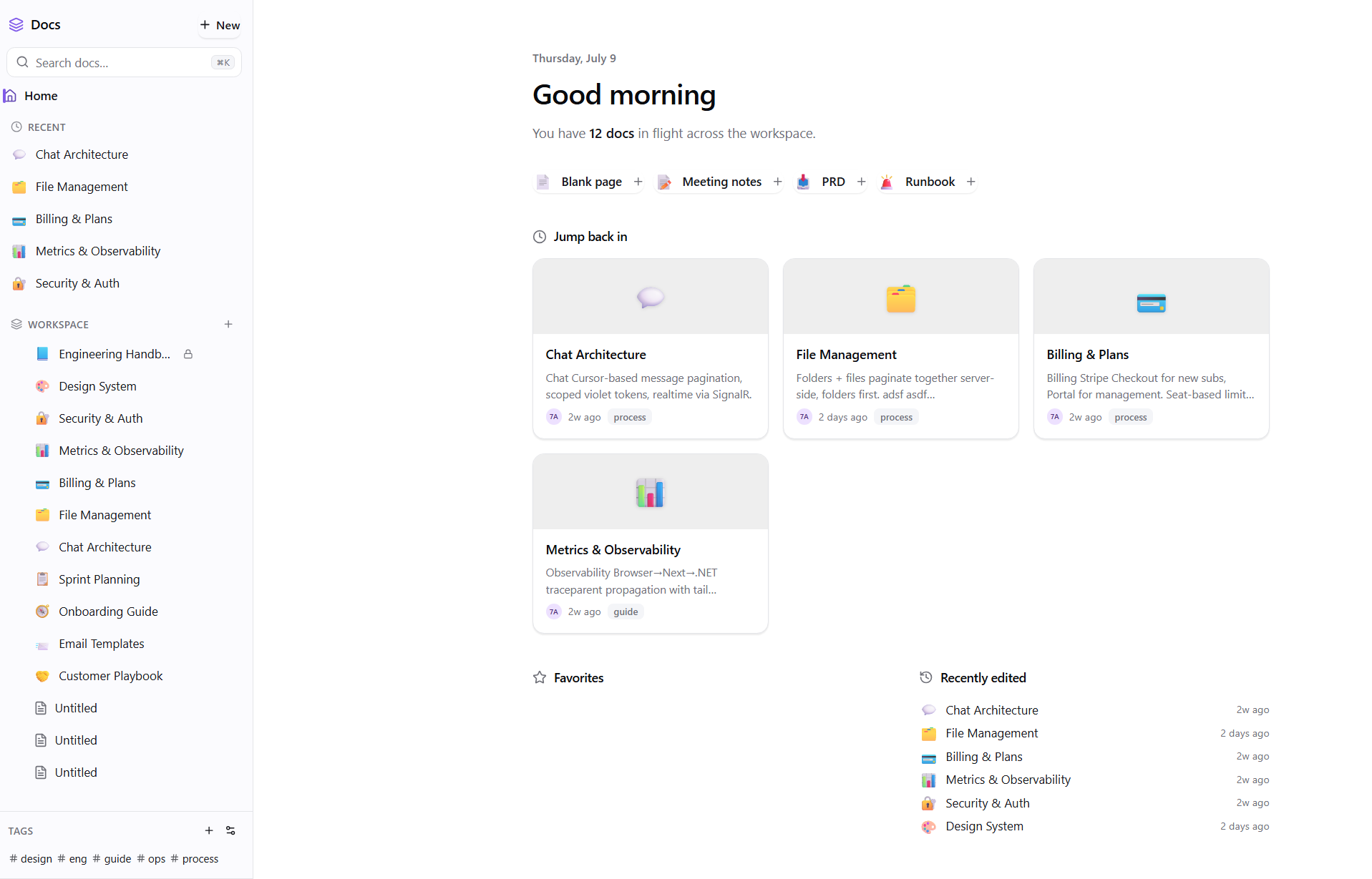 Docs workspace with recent and favorited documents