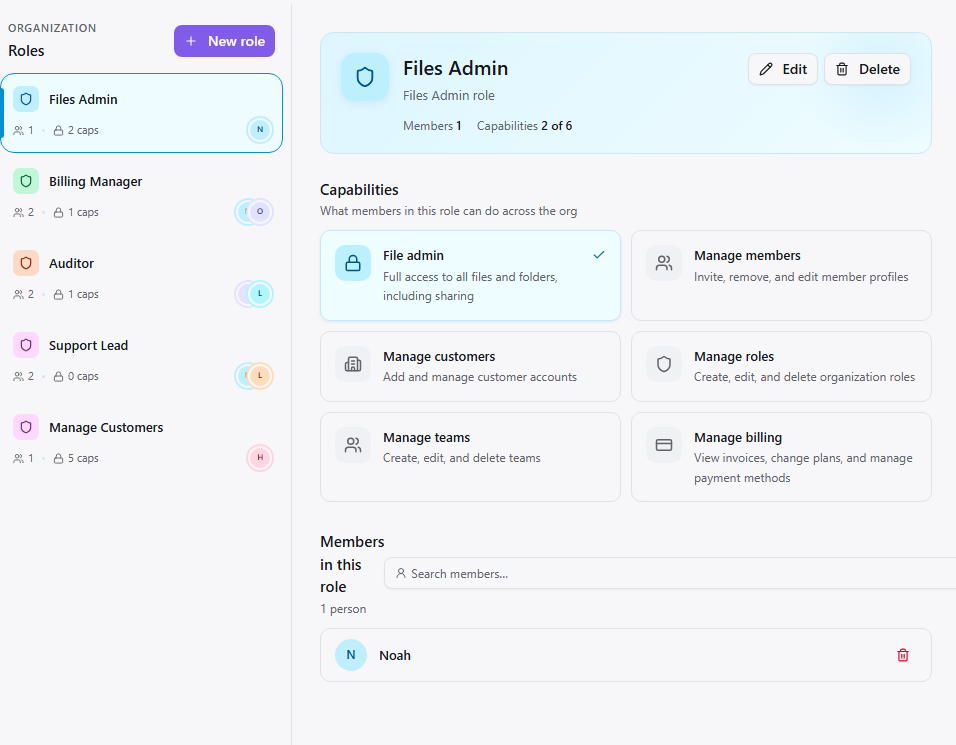 Custom roles with per-capability permissions